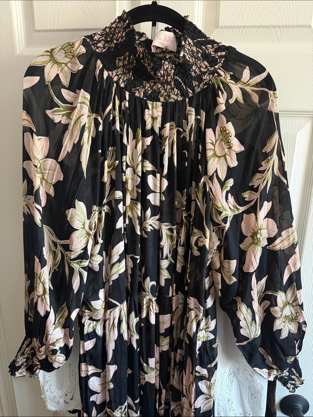Miss June- Black Floral Smocked Neck Tunic